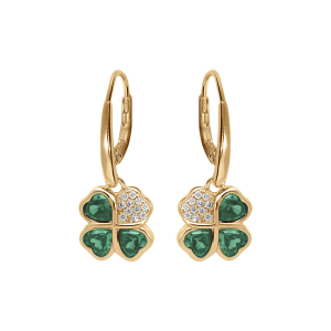 BOUCLES D'OREILLES DORMEUSE VERMEIL TREFLE ET COEUR 10MM OXYDES VERTS