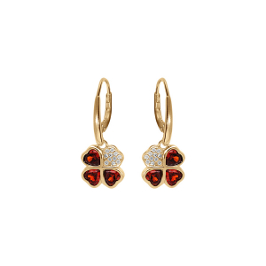 BOUCLES D'OREILLES DORMEUSE VERMEIL TREFLE ET COEUR 10MM OXYDES ROUGES