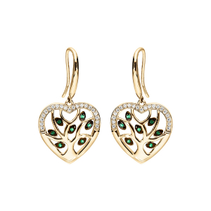 BOUCLES D'OREILLES VERMEIL CROCHET COEUR AVEC ARBRE DE VIE EMPIERRÉ PIERRES VERTES SYNTH
