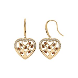 BOUCLES D'OREILLES VERMEIL CROCHET COEUR AVEC ARBRE DE VIE EMPIERRÉ PIERRES ROUGES SYNTH