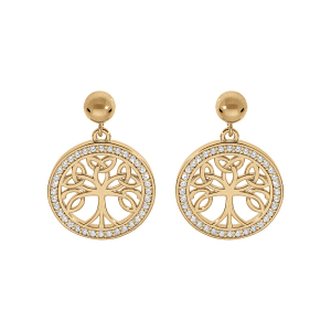 BOUCLES D'OREILLES TIGE VERMEIL ARBRE DE VIE CELTIQUE  14MM CONTOUR OXYDES BLANCS SERTIS