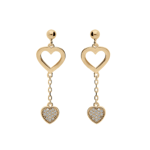 BOUCLES D'OREILLES TIGE VERMEIL 1 COEUR ÉVIDÉ ET 1 COEUR OXYDES BLANCS SERTIS