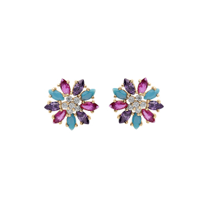BOUCLES D'OREILLES TIGE VERMEIL FLEUR OXYDES MULTI COULEURS