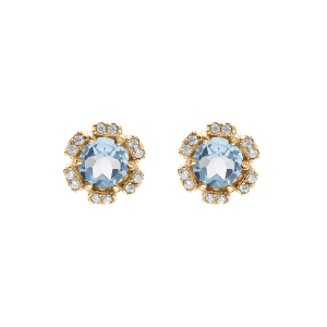 BOUCLES D'OREILLES TIGE VERMEIL FLEUR OXYDES BLEU CIEL ET BLANCS SERTIS