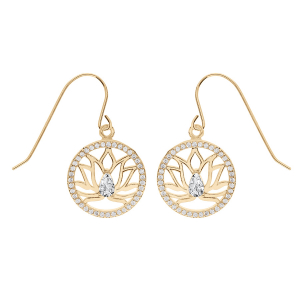 BOUCLES D'OREILLES CROCHET VERMEIL FLEUR DE LOTUS CONTOUR CERCLE OXYDES BLANCS SERTIS