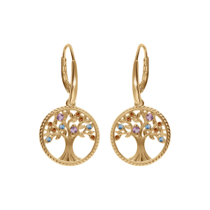 BOUCLES D'OREILLES DORMEUSE VERMEIL ARBRE DE VIE CONTOUR PERLÉ AVEC OXYDES MULTI COULEURS