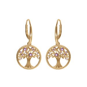 BOUCLES D'OREILLES DORMEUSE  VERMEIL ARBRE DE VIE CONTOUR PERLÉ AVEC OXYDES VIOLET
