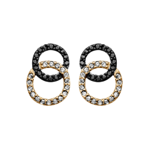 BOUCLES D'OREILLES TIGE VERMEIL DOUBLE CERCLE ENTRELACE PIERRES NOIRES ET BLANCHES SYNTHETIQUE