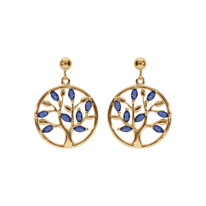 BOUCLES D'OREILLES TIGE VERMEIL PENDANTE CERCLE ARBRE DE VIE OXYDES BLEUS
