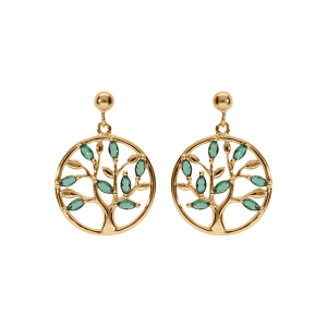 BOUCLES D'OREILLES TIGE VERMEIL PENDANTE CERCLE ARBRE DE VIE OXYDES VERT