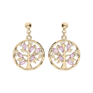 BOUCLES D'OREILLES TIGE VERMEIL PENDENTIF ARBRE DE VIE OXYDES ROSE