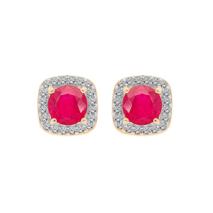 BOUCLES D'OREILLES TIGE VERMEIL RUBIS VÉRITABLE CONTOUR FORME CARRÉ TOPAZES BLANCHES SERTIES