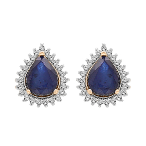 BOUCLES D'OREILLES TIGE VERMEIL SAPHIR VÉRITABLE FORME GOUTTE 8X6 CONTOUR TOPAZES BLANCHES SERTIES