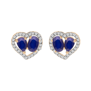 BOUCLES D'OREILLES TIGE VERMEIL 2 SAPHIRS VÉRITABLES ET CONTOUR FORME COEUR TOPAZES BLANCHES SERTIES