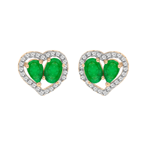 BOUCLES D'OREILLES TIGE VERMEIL 2 EMERAUDES VÉRITABLES ET CONTOUR FORME COEUR TOPAZES BLANCHES SERTIES