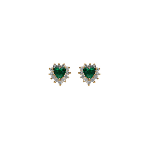 BOUCLES D'OREILLES TIGE VERMEIL FORME COEUR OXYDE VERT ET CONTOUR OXYDES BLANCS