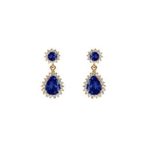 BOUCLES D'OREILLES TIGE VERMEIL PENDENTIF GOUTTE OXYDES BLEU ET CONTOUR OXYDES BLANCS SERTIS