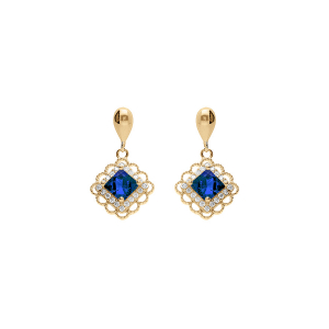 BOUCLES D'OREILLES TIGE PENDANTE VERMEIL CARRÉ OXYDE BLEU CONTOUR OXYDES BLANCS SERTIS ET DENTELÉ