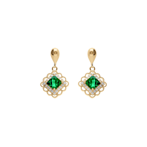BOUCLES D'OREILLES TIGE PENDANTE VERMEIL CARRÉ OXYDE VERT CONTOUR OXYDES BLANCS SERTIS ET DENTELÉ