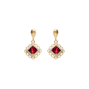 BOUCLES D'OREILLES TIGE PENDANTE VERMEIL CARRÉ OXYDE ROUGE CONTOUR OXYDES BLANCS SERTIS ET DENTELÉ
