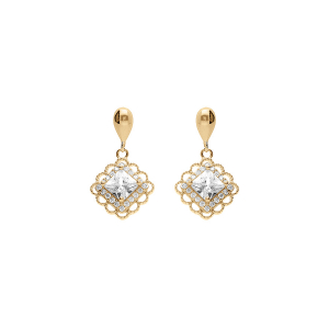 BOUCLES D'OREILLES TIGE PENDANTE VERMEIL CARRÉ OXYDE BLANC SERTI CONTOUR DENTELÉ