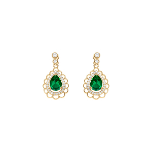 BOUCLES D'OREILLES TIGE VERMEIL GOUTTE OXYDE VERT SERTI ET CONTOUR OXYDES BLANCS ET DENTELLÉ