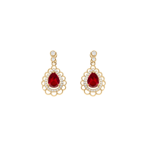 BOUCLES D'OREILLES TIGE VERMEIL GOUTTE OXYDE ROUGE SERTI ET CONTOUR OXYDES BLANCS ET DENTELLÉ