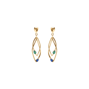 BOUCLES D'OREILLES TIGE  VERMEIL 2 LOSANGES ENTRELACÉS OXYDES BLEU ET VERT SERTI