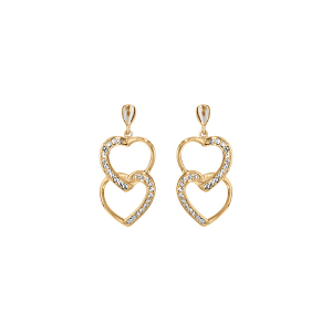 BOUCLES D'OREILLES TIGE VERMEIL DOUBLE COEUR SUPERPOSE OXYDES BLANCS SERTIS