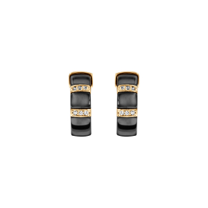 BOUCLES D'OREILLES TIGE VERMEIL MASSIF DEMI CRÉOLES CERAMIQUE NOIRE 2 BARETTES OXYDES MICRO SERTIS BLANCS