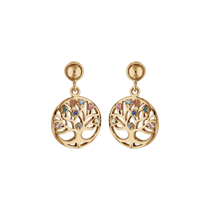 BOUCLES D'OREILLES TIGE VERMEIL RONDELLE ARBRE DE VIE PIERRES SYNTHETIQUE MULTI COULEURS