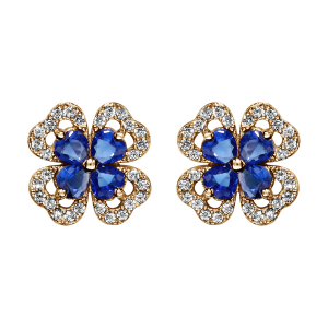 BOUCLES D'OREILLES TIGE VERMEIL TREFLE PIERRE SYNTHETIQUE BLEU ENTOURAGE OXYDES BLANCS SERTIS
