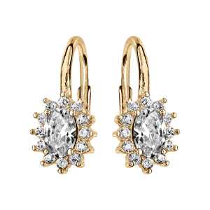 BOUCLES D'OREILLES VERMEIL DORMEUSE AU CENTRE PIERRE BLANCHE SYNTHETIQUE ET CONTOUR OXYDES BLANCS SERTIS