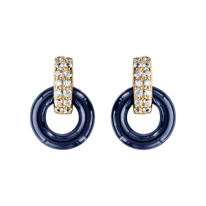 BOUCLES D'OREILLES TIGE VERMEIL DOUBLE ANNEAU 1 CERAMIQUE BLEU MARINE 1 OXYDES BLANCS SERTIS