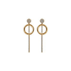 BOUCLES D'OREILLES TIGE VERMEIL CERCLE OXYDES BLANCS SERTIS ET BAGUETTE PENDANTE