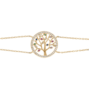 BRACELET VERMEIL ARBRE DE VIE MULTICOULEURS CONTOUR OXYDES BLANCS SERTIS 15+2CM