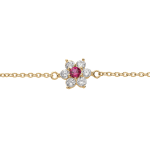 BRACELET VERMEIL PENDENTIF FLEUR MARGUERITE OXYDES CENTRE ROUGE FONCÉ ET CONTOUR BLANCS SERTIS  16.5+2CM