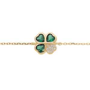 BRACELET VERMEIL TREFLE ET COEUR OXYDES VERTS 10MM 16+1+1CM