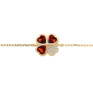 BRACELET VERMEIL TREFLE ET COEUR OXYDES ROUGES 10MM 16+1+1CM