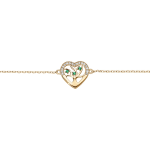 BRACELET VERMEIL MASSIF COEUR CONTOUR OXYDES BLANCS AVEC ARBRE DE VIE PIERRES SYNTHETIQUE VERTES 16+3CM
