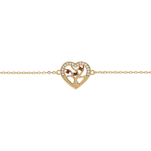 BRACELET VERMEIL MASSIF COEUR CONTOUR OXYDES BLANCS AVEC ARBRE DE VIE PIERRES SYNTHETIQUE ROUGES  16+3CM