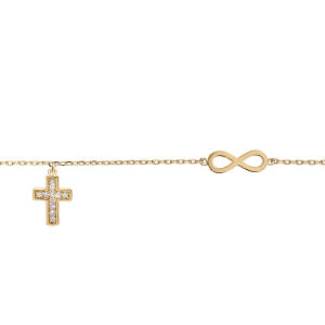 BRACELET VERMEIL INFINI ET PAMPILLE CROIX OXYDES BLANCS SERTIS 16+3CM