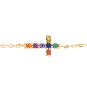 BRACELET VERMEIL CROIX 10 X 8 MM PIERRES SYNTHETIQUE MULTI COULEURS 16+3CM