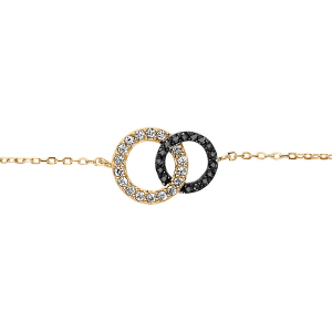 BRACELET VERMEIL 2 CERCLES ENTREMELES PIERRES BLANCHES ET NOIRES SYNTHETIQUE 16+1+1CM