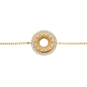 BRACELET VERMEIL DISQUE MOTIF SOLEIL ÉVIDÉ ENTOURAGE OXYDES BLANCS 16+2CM