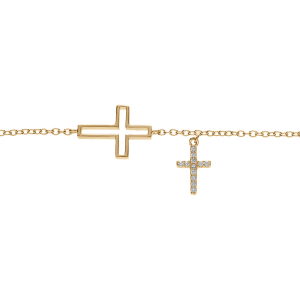 BRACELET VERMEIL DOUBLE CROIX LISSE  AVEC PAVAGE OXYDES BLANCS 16+2CM
