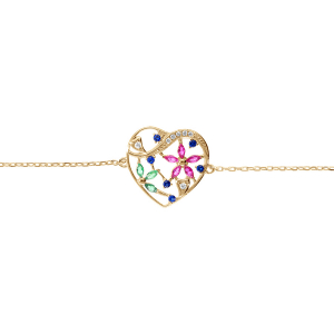 BRACELET VERMEIL COEUR AVEC FLEURS OXYDES MULTI COULEURS 16+3CM