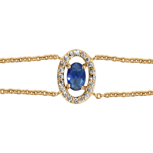 BRACELET VERMEIL FORME OVALE VERRE BLEU FONCE ENTOURAGE OXYDES BLANCS SERTIS 16+2CM
