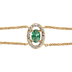 BRACELET VERMEIL FORME OVALE VERRE VERT ENTOURAGE OXYDES BLANCS SERTIS 16+2CM
