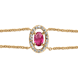 BRACELET VERMEIL FORME OVALE VERRE FUSHIA ENTOURAGE OXYDES BLANCS SERTIS 16+2CM